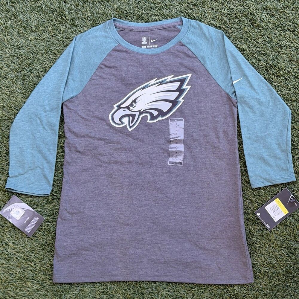 Nike Philadelphia Eagles Official NFL Raglan Shirt 3/4 Sleeve Gray Green Women S